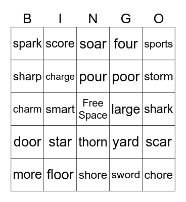 BINGO with ar/or/oar/ore/our/oor Bingo Card