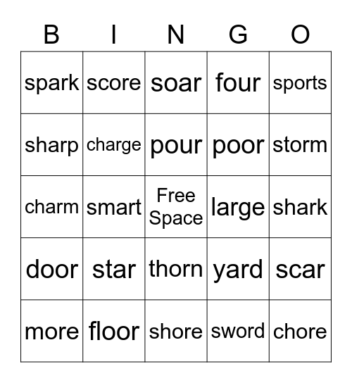 BINGO with ar/or/oar/ore/our/oor Bingo Card