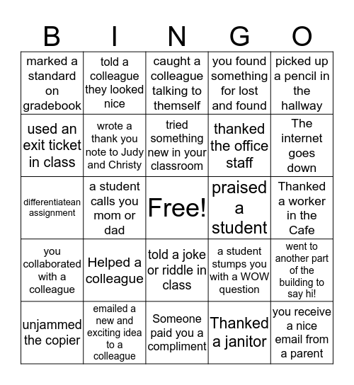 Thankfulness Bingo Card