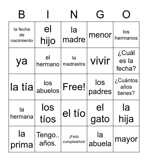 Vocabulario 3.2 Bingo Card
