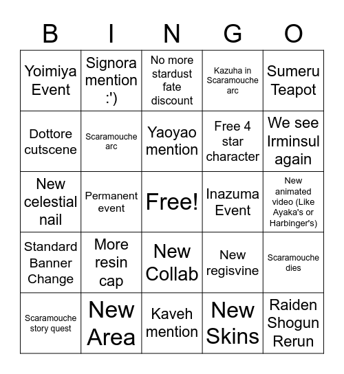 Genshin Impact 3.3 Bingo by SushisRolling Bingo Card