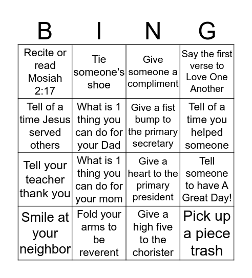 Service Bingo Card