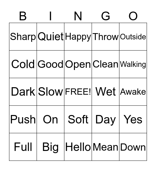 Opposite Bingo Card