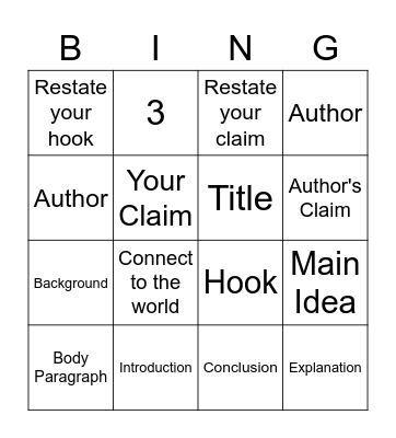 Essay Components Bingo Card