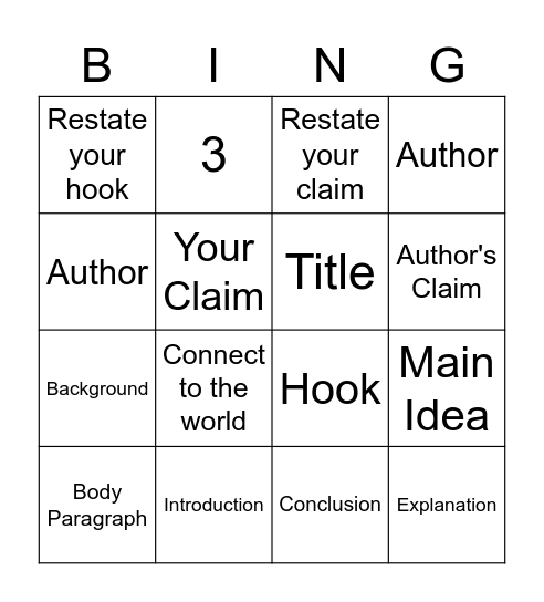 Essay Components Bingo Card