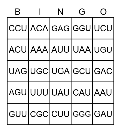 RNA CODON Bingo Card
