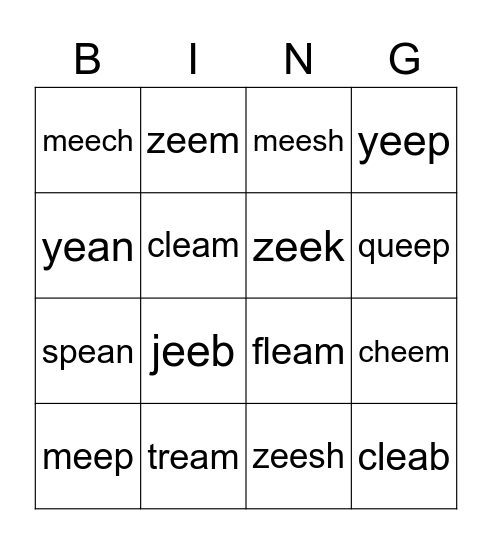 Nonsense Word Bingo (ee, ea) Bingo Card