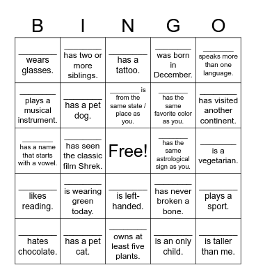 Welcome Party Lunch Bingo Card