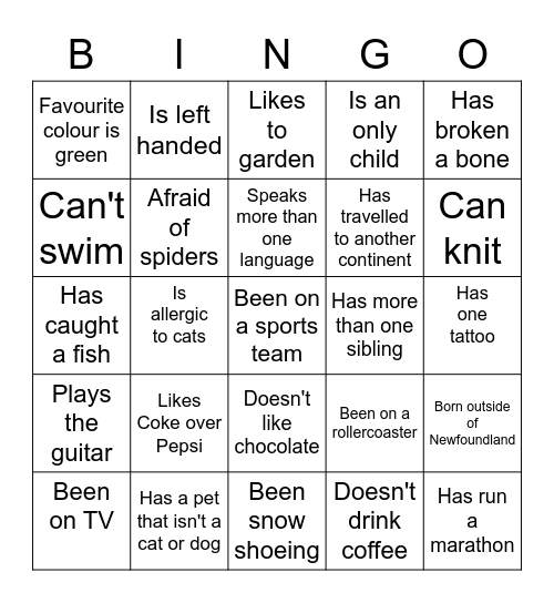 Getting To Know You Bingo Card