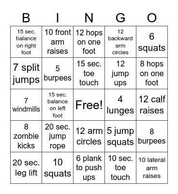 Fitness Bingo Card