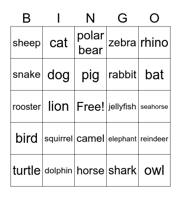 Animals Bingo Card