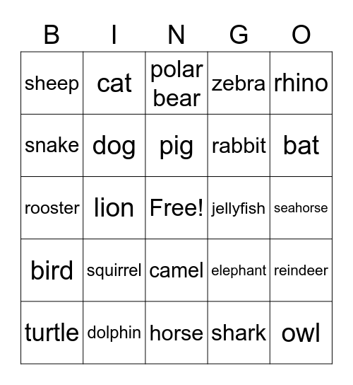 Animals Bingo Card