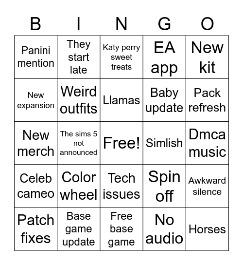 Sims summit bingo Card