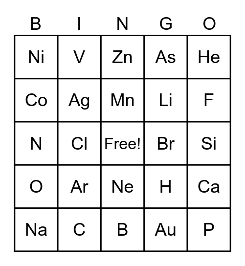 Periodic Table Bingo Card