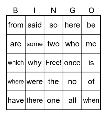 Sight Words #1 Bingo Card