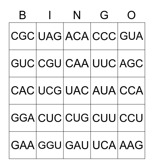 RNA CODON Bingo Card