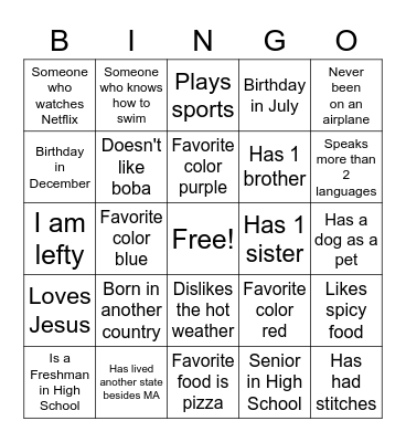 Youth Group Bingo Card