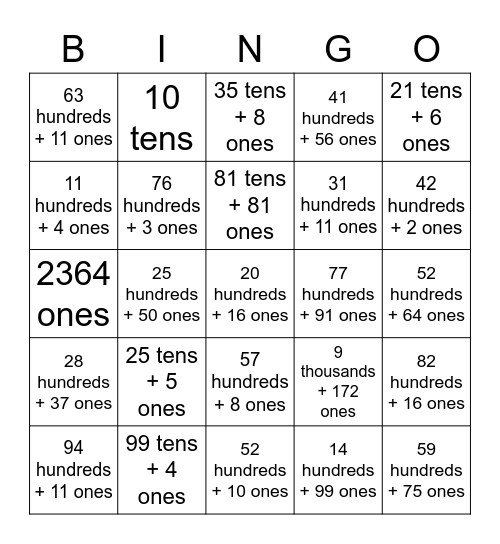 PLACE VALUE Bingo Card