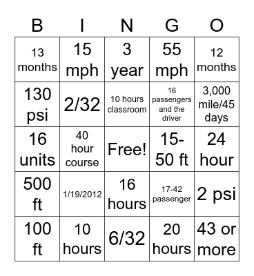School Bus Bingo Card