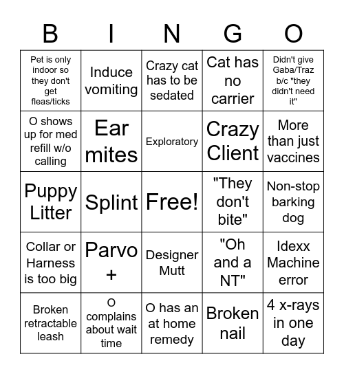 Vet Tech BINGO Card