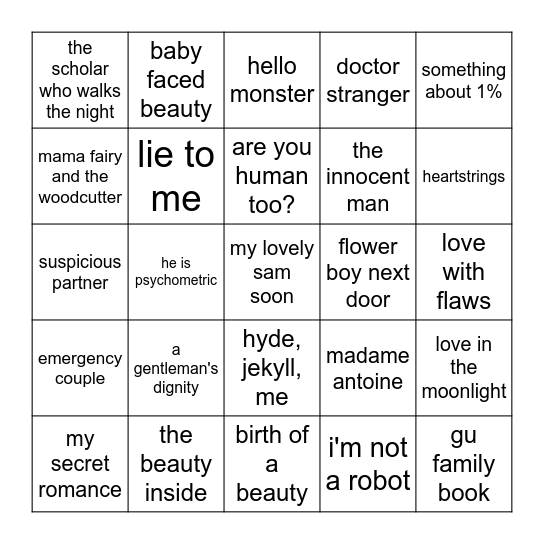 kdrama list Bingo Card