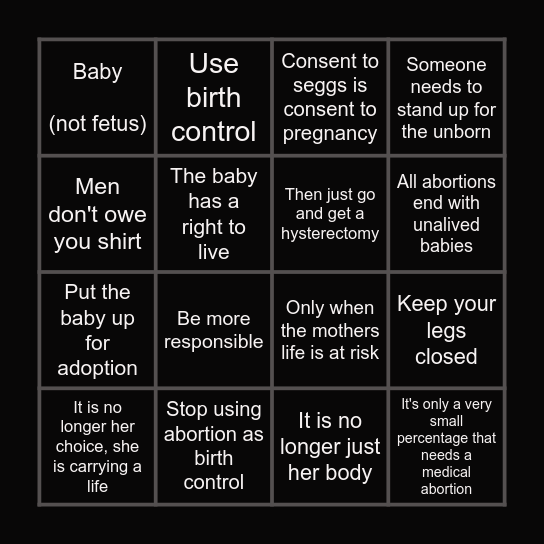 The Pro-Life Talking Points Bingo Card Bingo Card