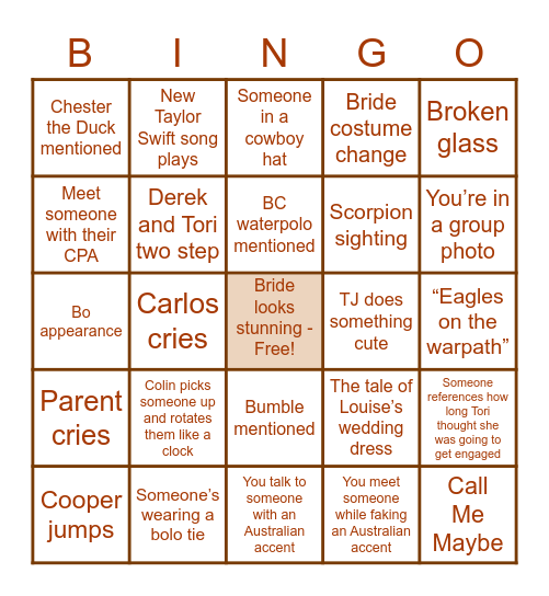 Tori and Carlos Bingo Card