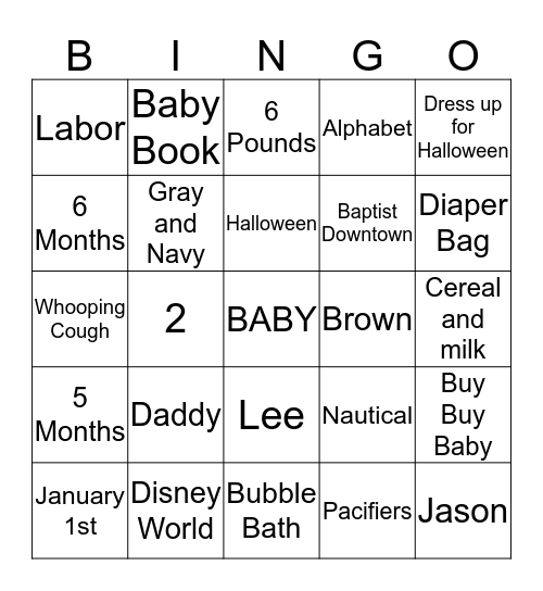 Mommy To Be Bingo Card