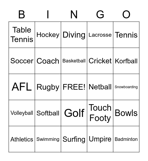 Sport Bingo Card