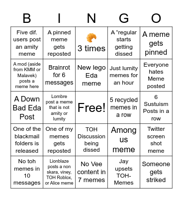 #TOH-Memes Bingo Card