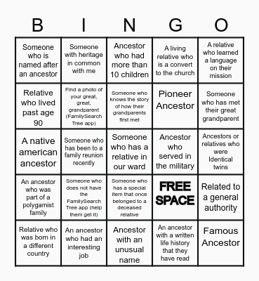 Find people with these family history facts! Bingo Card