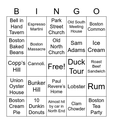 Boston Freedom Trail Bingo Card