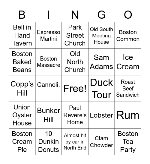 Boston Freedom Trail Bingo Card