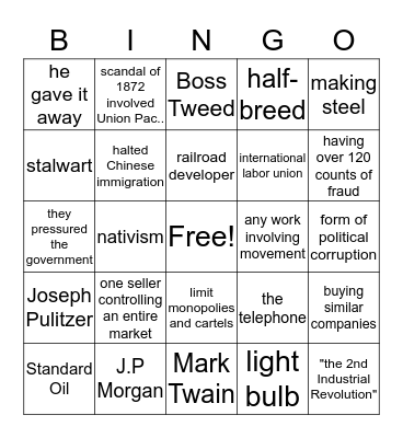 Gilded Age Bingo Card
