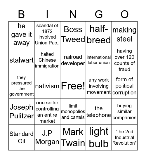 Gilded Age Bingo Card