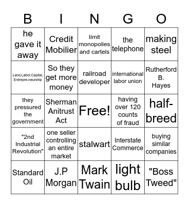 Gilded Age Bingo Card