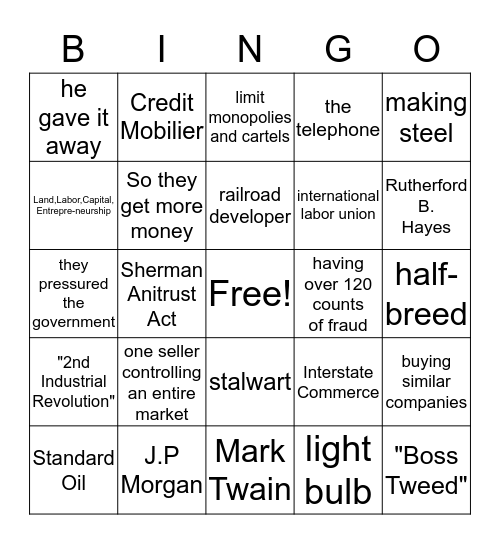 Gilded Age Bingo Card