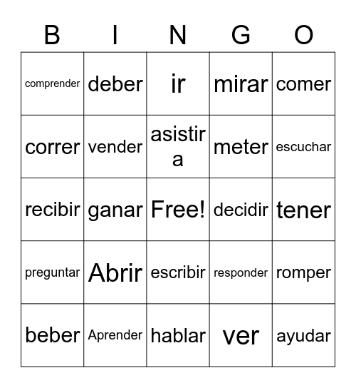 Spanish Chapter 3 verbs Bingo Card
