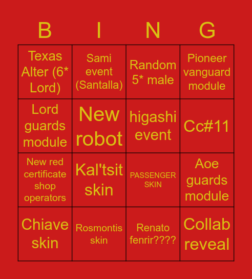 ARKNIGTHS 3.5 ANNIVERSARY BINGO Card