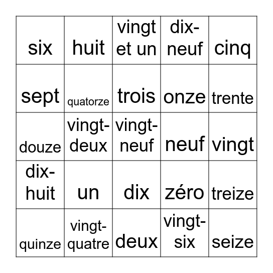 Les nombres 0 à 30 Bingo Card