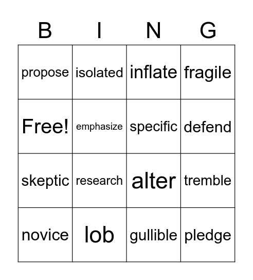 Vocabulary Review Bingo Card