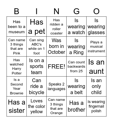 Brownie Friendship Bingo Card