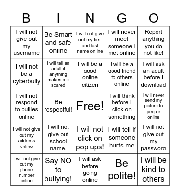 Internet Safety Bingo Card