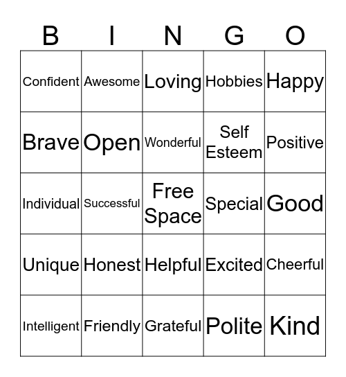 Self Esteem Bingo Card