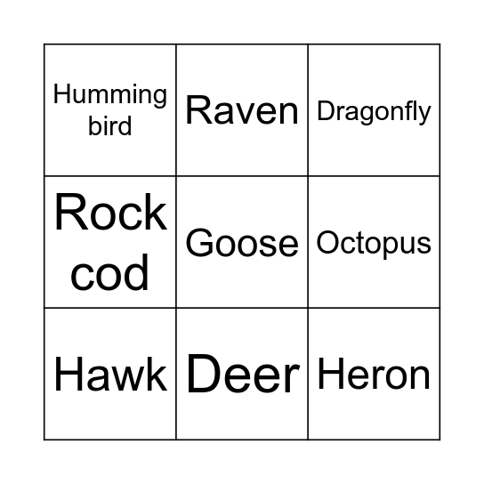 Salish AnimalsTic-Tac-Toe Bingo Card