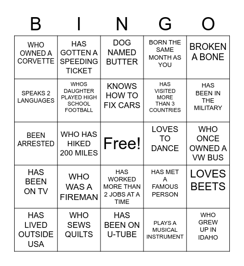 FIND THE PERSON BINGO Card