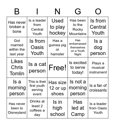 CENTRAL & OASIS YOUTH Bingo Card