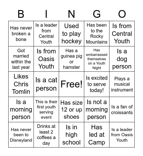 CENTRAL & OASIS YOUTH Bingo Card