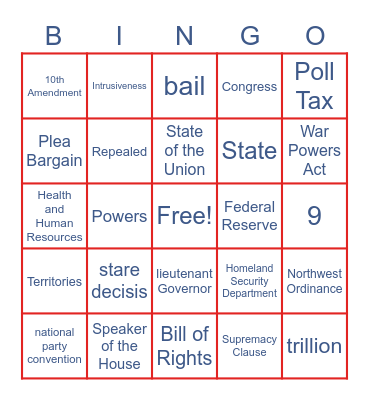 US Government BINGO Fun Bingo Card
