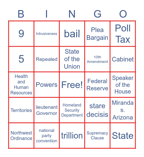US Government BINGO Fun Bingo Card